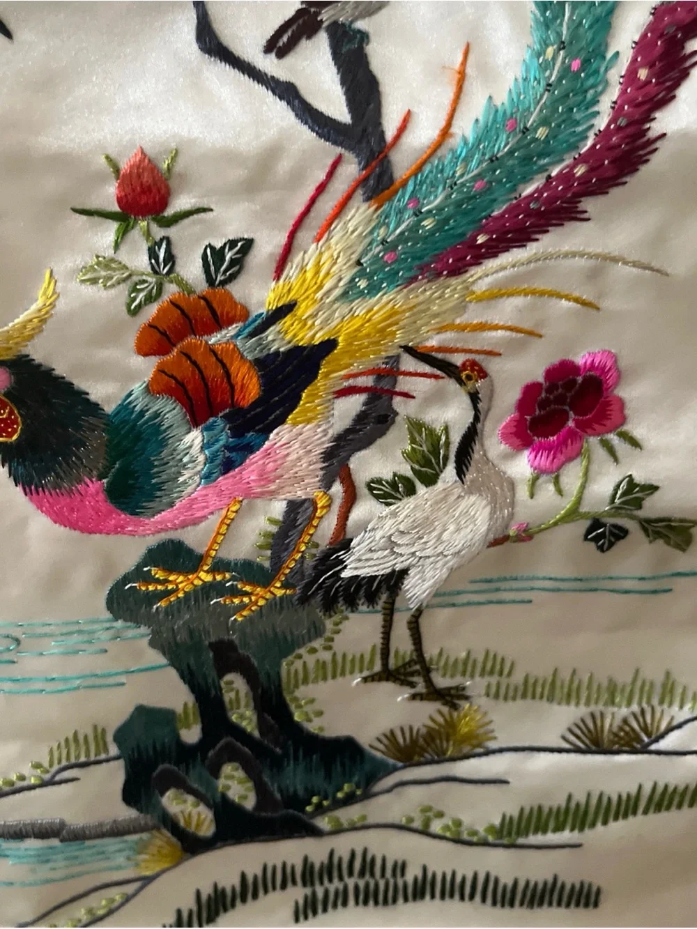 Asian Silk Embroidered Phoenix Wall Hanging - Multicolor vintage